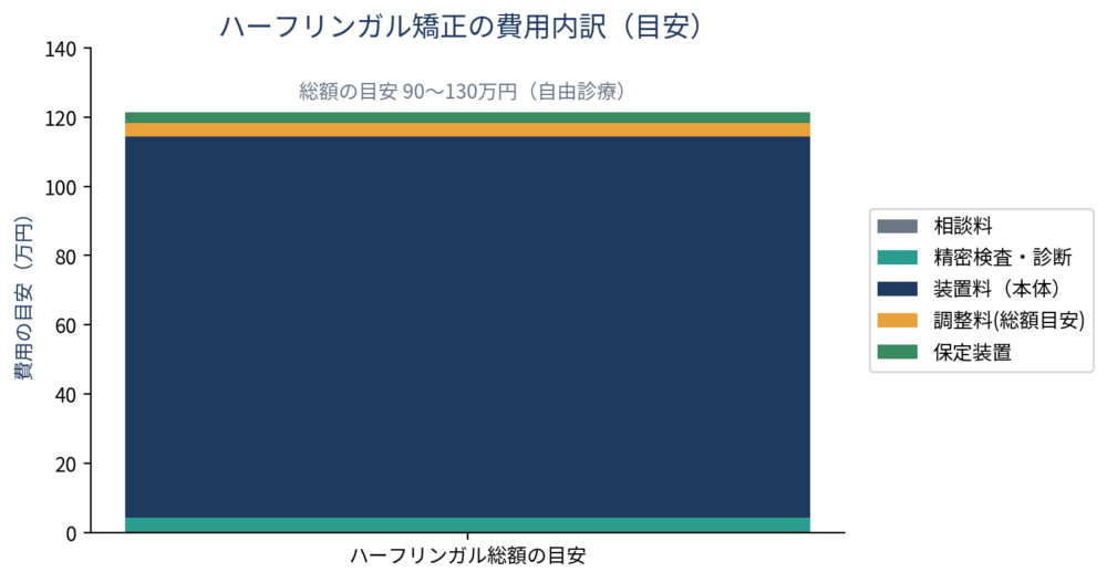 ![ハーフリンガル矯正の費用内訳を示す積み上げ棒グラフ。相談料・精密検査診断料・装置料・調整料・保定装置の各項目と目安金額を色分けで表示。装置料が全体の大部分を占めることを表す。]
